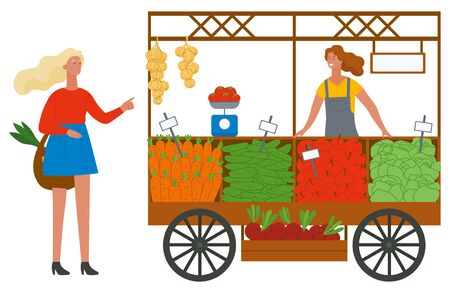 Shopper female buying products, harvest festival of fair. Marketplace with carrot, cucumber and beet, cabbage and apple, harvest and buyer, grocery vector. Flat cartoonのイラスト素材
