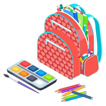 School objects, paints with tassel, colorful pencils, notebook and pen in backpack. Educational equipment, textbook and writing accessory, education. Back to school concept. Flat cartoon isometric 3dのイラスト素材