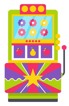 Classic retro arcade machine with joystick with colorful flowers and fruits on screen isolated on white. Old Vintage playing device, gaming room. Win money in slot mashine. Flat cartoonのイラスト素材