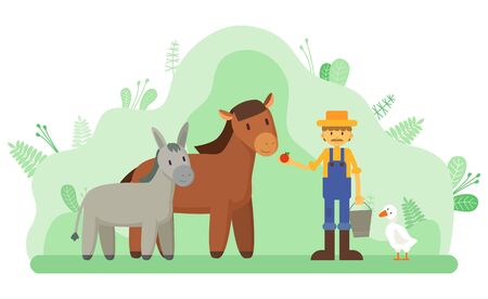 Horse and donkey in park, farmer and livestock, farming vector. Duck and man in overalls and straw hat feeding animal with apple, agriculture and farmland or ranch. Flat cartoonのイラスト素材