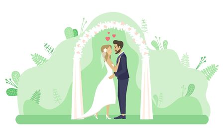 Man and woman standing by arch decorated for wedding vector, marriage ceremony. Couple in love kissing in park, foliage and flora, hearts romantic feelingsのイラスト素材