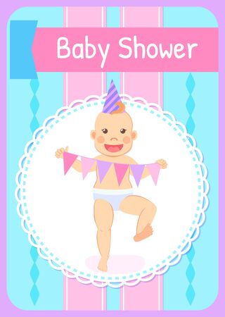 Baby shower greeting card, infant in Birthday hat, garland flags. Vecto milestones, celebrating first anniversary party, cartoon toddler in round frameのイラスト素材