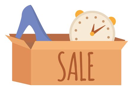 Garage sale, goods in cardboard case, high heel shoe and clock things in box. Shopping objects, accessory secondhand, footwear and watch, store vector. Event for sale used goods. Flat cartoonのイラスト素材
