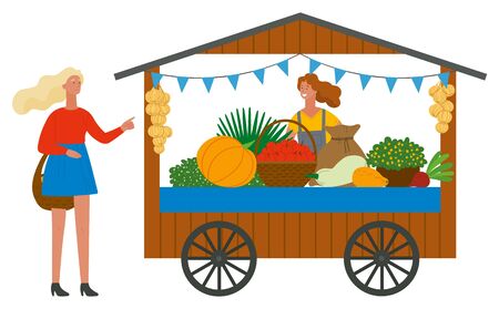 Trade tent with fresh ripe vegetables. Female vendor standing behind counter. Girls with basket buying fruits. Street stall or kiosk vector illustrationのイラスト素材