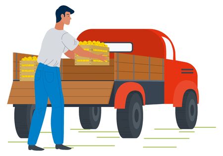 Farmer character holding wooden box with ripe apples, back view of male with box. Picking fresh product, agricultural work, transportation symbol vector. Picking apple concept. Flat cartoonのイラスト素材