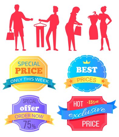 People shopping at store vector, silhouette of man and woman with bags. Super sale best choice, premium quality products. Discounts and offers banners. Business sale stikers. Flat cartoonのイラスト素材