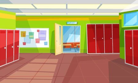 Hallway with lockers and tables with info vector, classroom with open doors. Interior of school corridor and rooms, view from inside 3d isometric. Back to school concept. Flat cartoonのイラスト素材