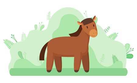 Livestock animal or horse, farming and agriculture vector. Mustang or stallion, ranch or farm at countryside mammal with mane and hoofs on meadowのイラスト素材