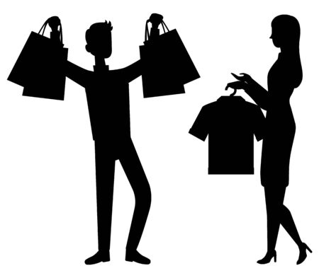Shopping and sale, customer and shop assistant isolated silhouettes vector. Man customer with bags and packs, girl with clothes on rack, discountのイラスト素材