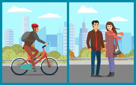 People in city park vector, man riding bicycle, couple walking holding hands. Cityscape skyscrapers male leading active lifestyle bicyclist with helmet. Autumn parkのイラスト素材