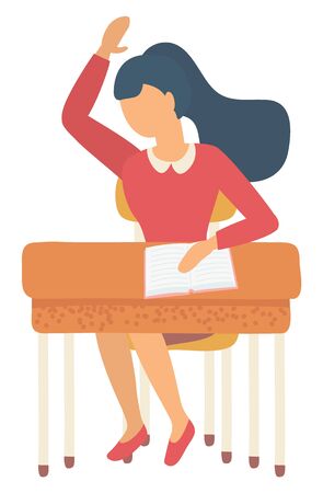 Pupil sitting at table with notebook, girl rising hand. Knowledge occupation, kid writing in exercise-book, back to school, studying in classroom vector. Back to school concept. Flat cartoonのイラスト素材