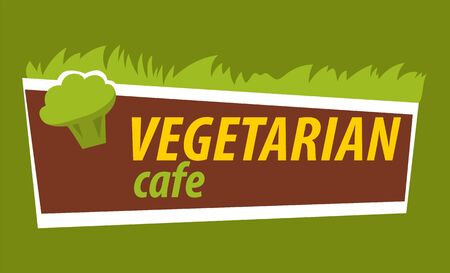 Sign with vegetarian cafe sample isolated with text and veggies. Broccoli and grass, greenery decor on stripe, emblem for shop eatery. Vector illustration in flat cartoon styleのイラスト素材