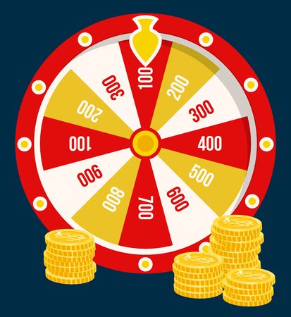 Fortune wheel and golden coins, casino gambling game poster with prize combinations and stacks of earned money. Betting and risk concept, hobby leisure. Vector illustration in flat cartoon styleのイラスト素材