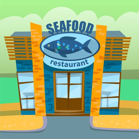 Seafood restaurant selling fish and aquatic creatures, special menu. Exterior of diner with fish image. Ocean and sea dwellers sale. Vector illustration in flat cartoon styleのイラスト素材