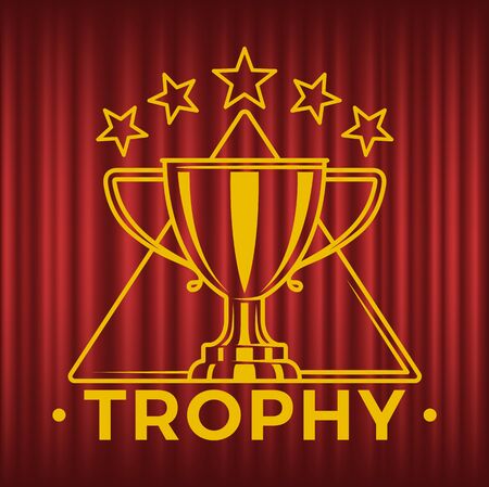 Glossy golden trophy cup in triangle with five stars. Victory reward, metal goblet . First place prize for winner, championship vector illustration. Red curtain theater backgroundのイラスト素材