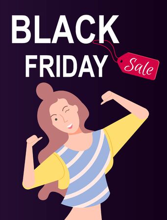 Black friday sale at store means big discounts on things in shops. Paradise for shoppers. Happy brunette girl on dark background. Girl happy on friday sale. Vector illustration in flat cartoon styleのイラスト素材