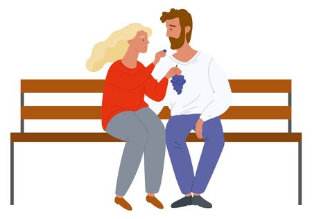 Man and woman sitting on bench, couple romantic day. Lovers eating grape, rustic product, element of harvest festival, boyfriend and boyfriend. Female feeds a male with grapes. Vector in flat styleのイラスト素材
