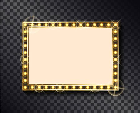 Rectangular glittering frame with neon light bulbs isolated on transparent background. Vector right-angled sparkling border, empty banner with place for textのイラスト素材