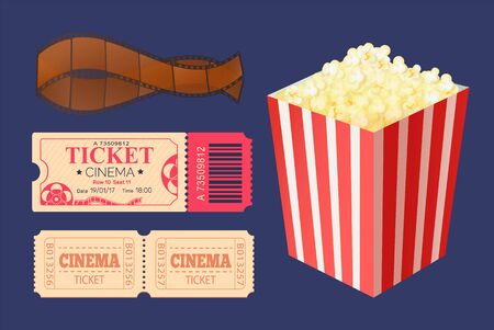 Cinema ticket admission vector, access to watch movies, film recorded on tape isolated icons set. Package of popcorn, cooked salty snack, weekend activityのイラスト素材