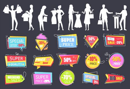Shopping people on Black friday sale, isolated silhouettes of man and woman with bags and purchases. Premium quality goods, clearance sellout banners. Vector illustration in flat cartoon styleのイラスト素材