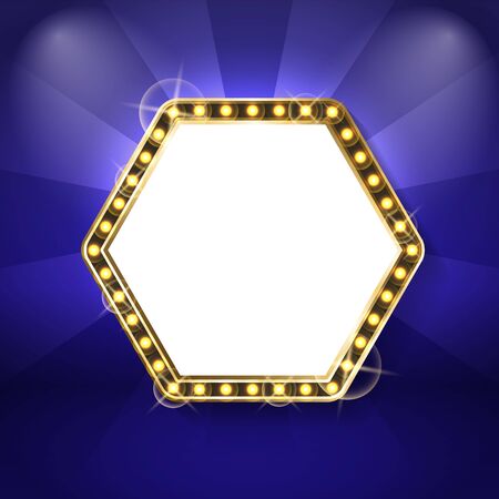 Hexagon frame with neon light bulbs isolated on blue background with rays. Vector sexangle blank framing, sparkling border, empty banner for text.のイラスト素材