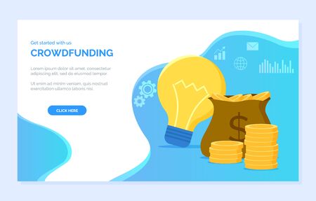 Crowdfunding new ideas and profit vector, money in bag, cogwheel sign, cash and light bulb. Infocharts and message, financial assets business. Website or webpage template, landing page flat styleのイラスト素材