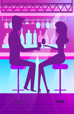 Man and woman in nightclub sitting at bar counter and drinking cocktails. Couple clinking glasses. Young people celebrating. Romantic date vectorのイラスト素材