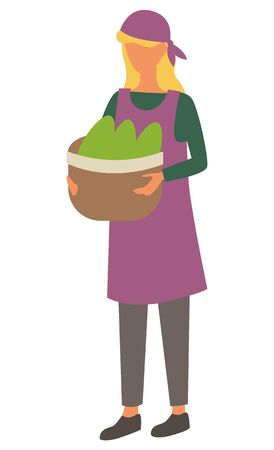 Female character carrying harvested fruits and veggies in basket, isolated woman with hat on head. Farming personage with organic meal production. Vector illustration in flat cartoon styleのイラスト素材