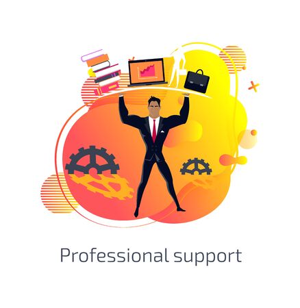 Professional support, monitor and gears, books and information briefcase and cogwheel, person dealing with business analytics and processes. Vector illustration in flat cartoon styleのイラスト素材