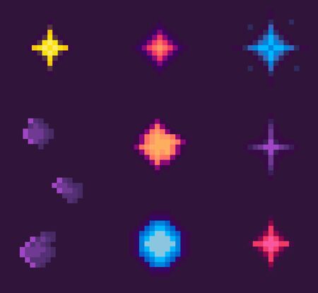 Pixel game elements vector, isolated galaxy with asteroids and stars celestial bodies on sky, outer space pixelated icons, explosion burst dust flats style. Pixelated space objects for video-gameのイラスト素材