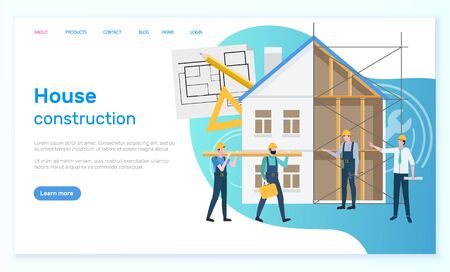 house construction vector, builders and management, designers with planning and schemes, home estate with walls and blocks, page with text sample. Website or webpage template, landing page flat styleのイラスト素材