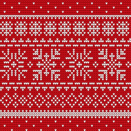 Embroidery of snowflakes and lines vector. Decoration seamless patterns, red and white stitches. Embroidered square, abstract style. Print for clothes or sweaters, material with ornaments illustrationのイラスト素材
