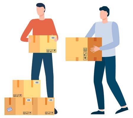 Working people, man with boxes moving packages. Carton containers, orders of clients, delivery and shipment, delivered with cargo. Vector illustration in flat cartoon styleのイラスト素材