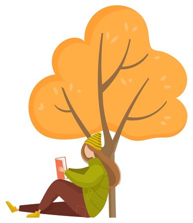 Girl sitting on ground in autumn park. Lady reading interesting book under tree. Orange leaves on branches, warm fall weather. Person in hat and jacket with textbook in hands, vector illustrationのイラスト素材