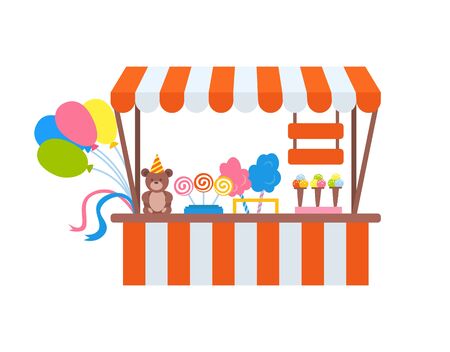 Candy shop decorated by ice-cream, cotton-candy, sweet and teddy, table in striped with balloons and ribbons, tasty store decoration, snack for festival market. Vector in flat cartoon styleのイラスト素材
