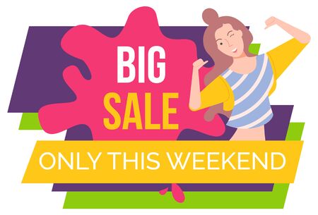 Cheerful personage, isolated female character winking and pointing on herself. Proposition of shop, reduction of price, sale and discount store. Happy woman on black friday sale. Vector in flat styleのイラスト素材