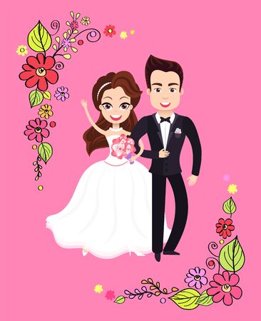Bride standing and embracing groom, newlyweds characters, wedding postcard with couple, romantic invitation decorated by frame from flowers. Vector illustration in flat cartoon styleのイラスト素材