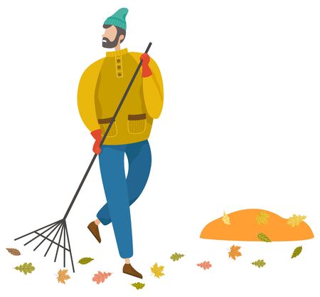 Man sweeping foliage on outdoor territory using broom illustration. Worker in warm clothes and gloves. Orange leaves falling from trees, fall weather vector. Janitor working alone, flat styleのイラスト素材
