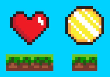 Pixel game elements, coin and heart in color. Flat style of 8 bit graphics icons, animation video games money and life symbol, wealth point sign. Pixel-art vector, pixelated 8 bit game objectsのイラスト素材
