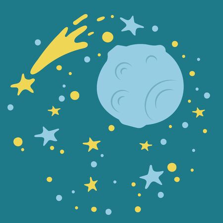 Meteor or planet with milky way and stars, space with round comet and wye, solar system on blue, cover decorated by starry space and asteroid. Vector illustration in flat cartoon styleのイラスト素材