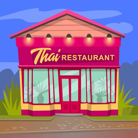 Thai restaurant, asia style dishes vector. Pink brick building for business, cafe serving thailand food. Facade exterior design illustration with big windows. Asian cafeteria with traditional cuisineのイラスト素材