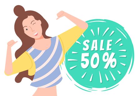 Cheerful personage, isolated female character winking and pointing on herself. Proposition of shop, reduction of price, sale and discount store. Happy woman on black friday sale. Vector in flat styleのイラスト素材
