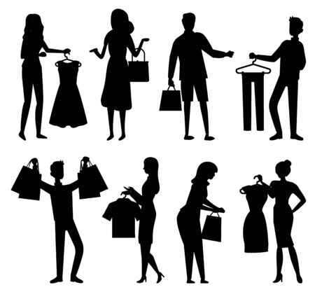 Man and woman holding hanger with clothes, people with purchase. Sale old collection, back shape of shopper with package, shopping symbol, market vectorのイラスト素材