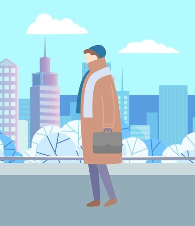 Man walking through urban winter park alone. Person in warm brown overcoat, hat and scarf going with suitcase. Beautiful snowy landscape of city on background. Vector illustration in flat styleのイラスト素材