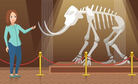 University or college excursion to paleontology museum vector, teacher pointing on mammoth skeleton with tusks talking about history and past. Back to school concept exhibition. Flat cartoonのイラスト素材