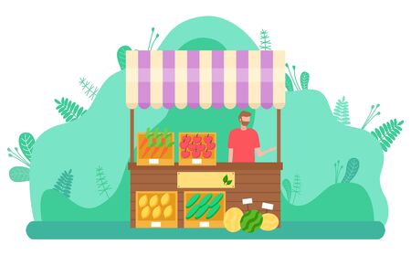 Seller with fresh vegetables, man selling natural products. Fruits and veggies assortment, wooden container filled with watermelon, carrot apple. Vector illustration in flat cartoon styleのイラスト素材