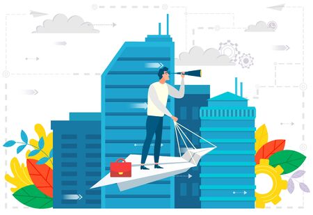 Businessman leader, man standing on paper plane holding ropes. Male looking forward, success of character in city, cityscape with foliage leaf. Vector illustration in flat cartoon styleのイラスト素材