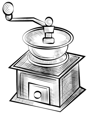 Monochrome coffee grinder, sketch of old-fashioned mill isolated icon. Vector retro coffeemachine with handle, handmade deviec for preparing arabic drinksのイラスト素材