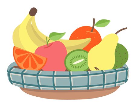 Bowl with fruits, isolated plate with meal for vegetarians. Organic products, banana and kiwi, apple and pear, fresh ripe ingredients in container. Vector illustration in flat cartoon styleのイラスト素材