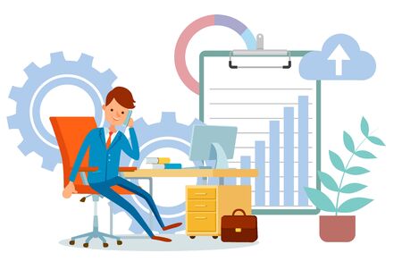 Person dealing with partners on phone, business conversation flat style. Businessman boss sitting by table. Clipboard with chart and cogwheel. Vector illustration in flat cartoon styleのイラスト素材
